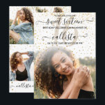 Invitation Confettis de Blanc Or Collage Photo Sweet 16<br><div class="desc">Cette jolie et girly invitation de collage de photos pour une fête d'anniversaire sweet sixteen est parfaite pour la fille branchée et élégante. Elle présente de faux confettis pailletés dorés qui tombent sur un dégradé ombré blanc avec une grande photo et une typographie cursive élégante noire manuscrite. Au verso, il...</div>