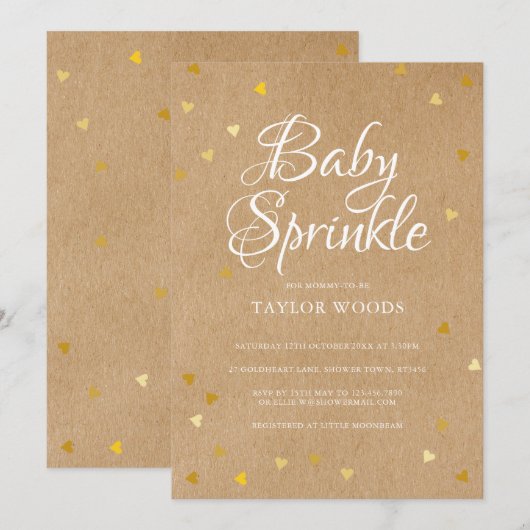 Invitation Confettis de coeurs dorés Bébé Sprinkle Kraft rust (Devant / Derrière)