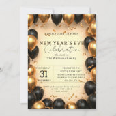 Invitation Confettis de Nouvel An opulent noir oré ballon (Devant)