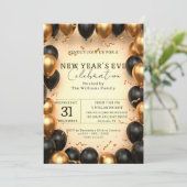 Invitation Confettis de Nouvel An opulent noir oré ballon (Debout devant)