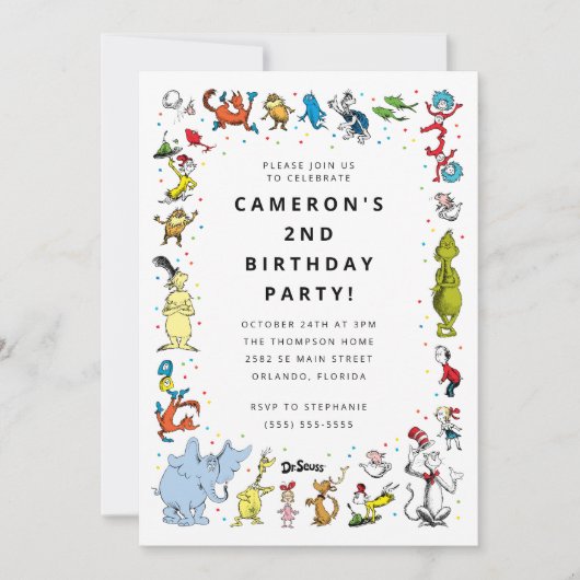 Invitation Confettis de personnages de Dr Seuss | Anniversair (Devant)