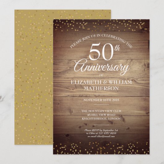 Invitation Confettis de poussière d'or pour 50e anniversaire  (Devant / Derrière)