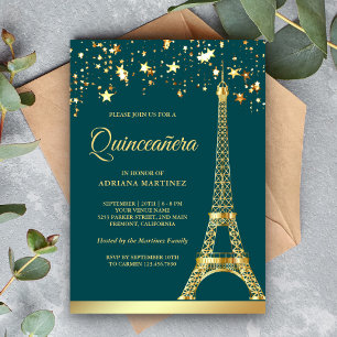 Invitation Confettis d'étoiles Tour Eiffel dorée Quinceanera