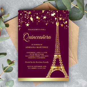Invitation Confettis d'étoiles Tour Eiffel Or Rose Quinceaner