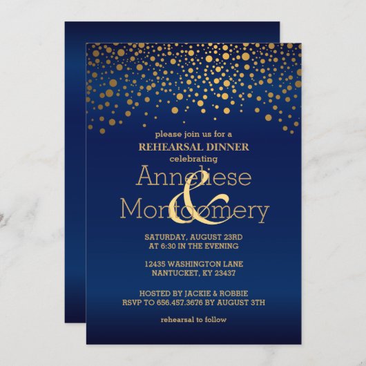 Invitation Confettis d'or et dîner élégants de répétition de (Devant / Derrière)