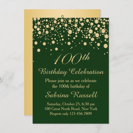 Invitation Confettis d'or, fête d'anniversaire 100 vert-foncé (Devant / Derrière)