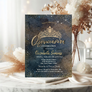 Invitation Confettis dorés aquarelle sombre Quinceañera