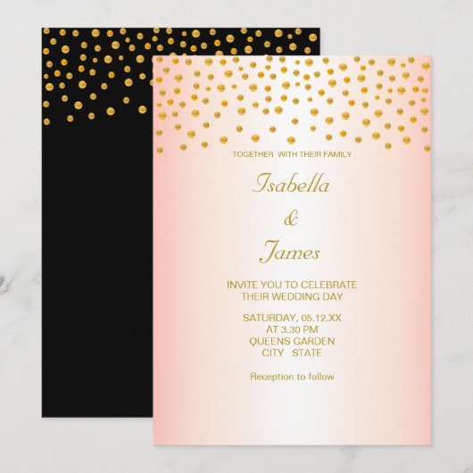 Invitation Confettis dorés chics sur fond noir et or rose (Devant / Derrière)