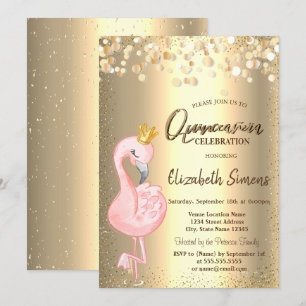 Invitation Confettis dorés, Couronne de Quinceañera flamant r