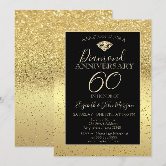 Invitation Confettis dorés diamant paillettes Mariage Anniver (Devant / Derrière)