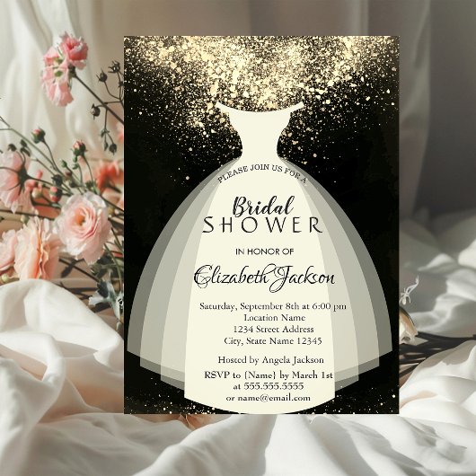 Invitation Confettis dorés élégants, robe, douche de mariée