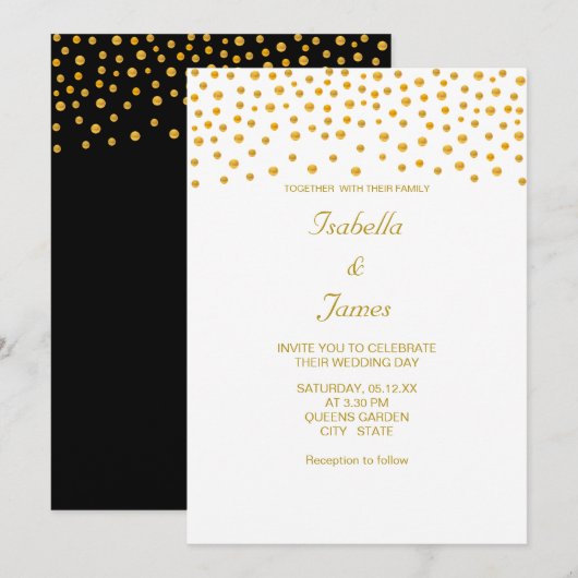 Invitation Confettis dorés élégants sur fond noir et blanc (Devant / Derrière)