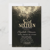 Invitation Confettis dorés élégants, Sweet 16 noir (Devant)