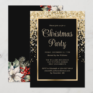 Invitation Confettis dorés et botaniques Fête de Noël Or et N