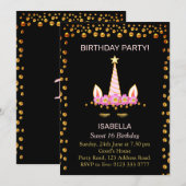 Invitation Confettis dorés et licorne pour un anniversaire Sw (Devant / Derrière)