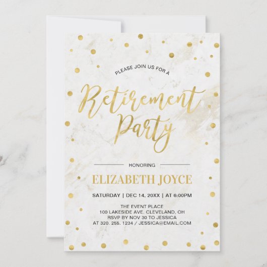 Invitation Confettis dorés et marbre | Fête de retraite moder (Devant)