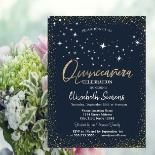 Invitation Confettis dorés étoiles fond bleu marine Quinceañe