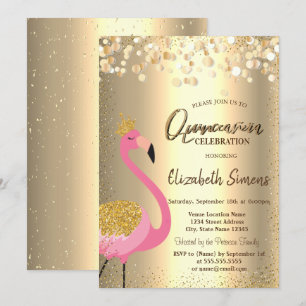 Invitation Confettis dorés,Flamingo rose Quinceañera