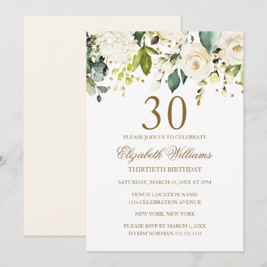 Invitation Confettis dorés Fleurs blanches 30e Anniversaire (Devant / Derrière)