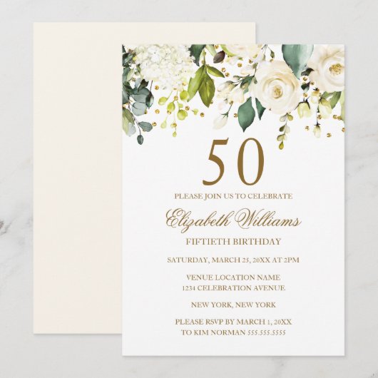 Invitation Confettis dorés Fleurs Blanches 50e Anniversaire (Devant / Derrière)