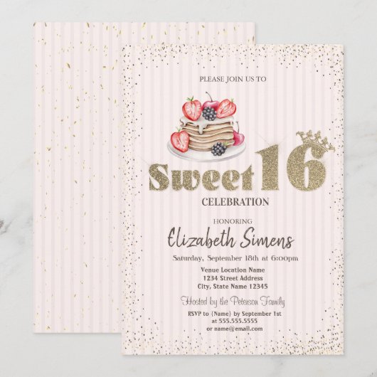Invitation Confettis dorés,Gâteaux,Stripé Sweet 16 (Devant / Derrière)