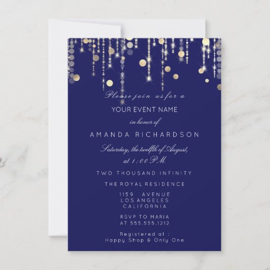 Invitation Confettis dorés Gouttes Anniversaire Mariage Bleu (Devant)