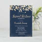 Invitation Confettis dorés points bleu marine Sweet 16 (Debout devant)
