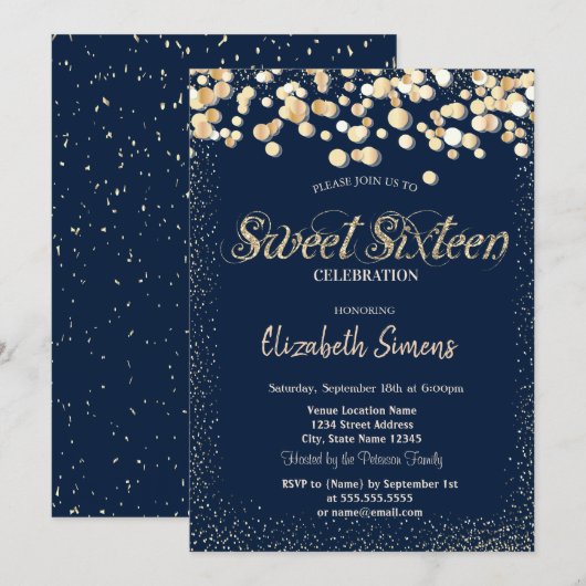 Invitation Confettis dorés points bleu marine Sweet 16 (Devant / Derrière)