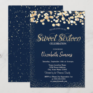 Invitation Confettis dorés points bleu marine Sweet 16