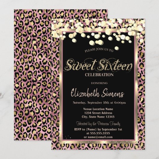 Invitation Confettis Dorés Points Imprimé Léopard Sweet 16 (Devant / Derrière)