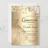 Invitation Confettis dorés points, Robe, Roses Quinceañera (Devant)