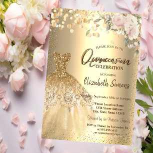 Invitation Confettis dorés points, Robe, Roses Quinceañera