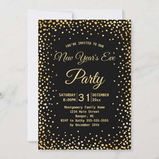 Invitation Confettis dorés pour la soirée du Nouvel An (Devant)