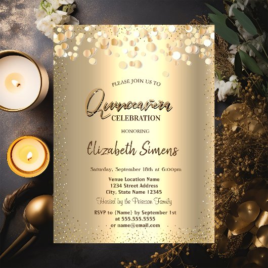 Invitation Confettis dorés Princesse dorée Quinceañera