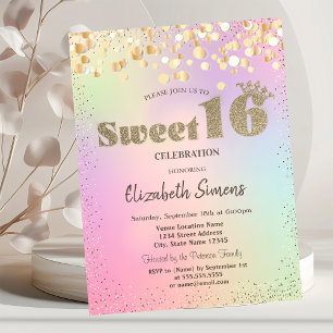 Invitation Confettis dorés Princesse Holographique Sweet 16