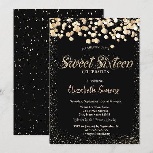 Invitation Confettis dorés Princesse Noir Sweet 16 (Devant / Derrière)