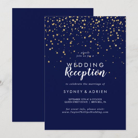 Invitation Confettis dorés | Réception de mariage bleu marine (Devant / Derrière)