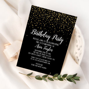 Invitation Confettis dorés sur une fête d'anniversaire noire