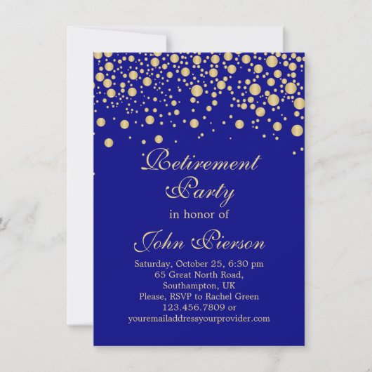 Invitation Confettis dorés sur une soirée de retraite bleu ma (Devant)