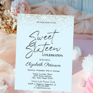 Invitation Confettis élégants simples bleu clair Sweet 16