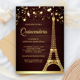 Invitation Confettis Étoiles Feuille d'Or Tour Eiffel Quincea