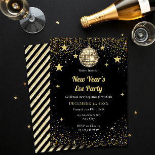 Invitation Confettis Étoiles Or et Noir pour la Soirée du Nou