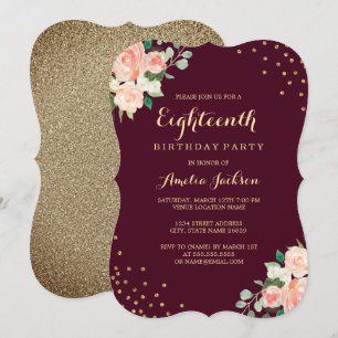 Invitation Confettis Floraux Or Bourgogne Fête d'anniversaire