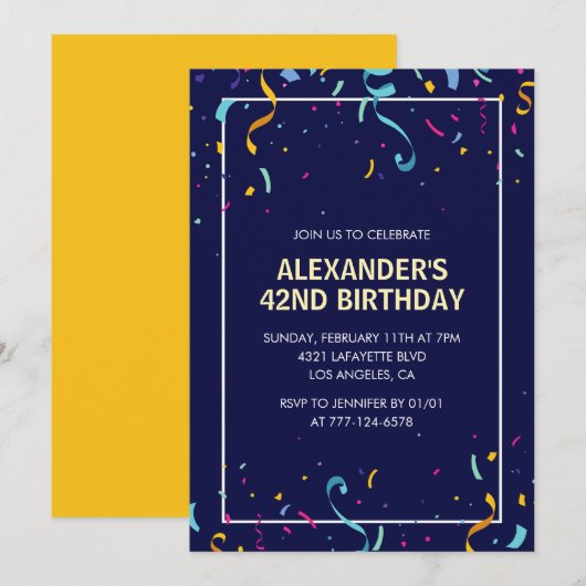 Invitation Confettis Hommes Simple Moderne 42e anniversaire (Devant / Derrière)