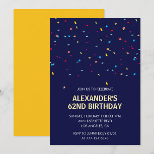 Invitation Confettis modernes bleu marine Hommes 62e annivers