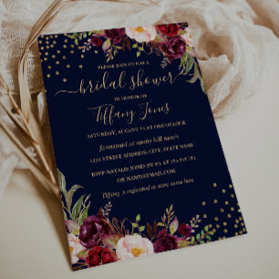 Invitation Confettis Navy Bordeaux Or Fleurs Mariage Fête