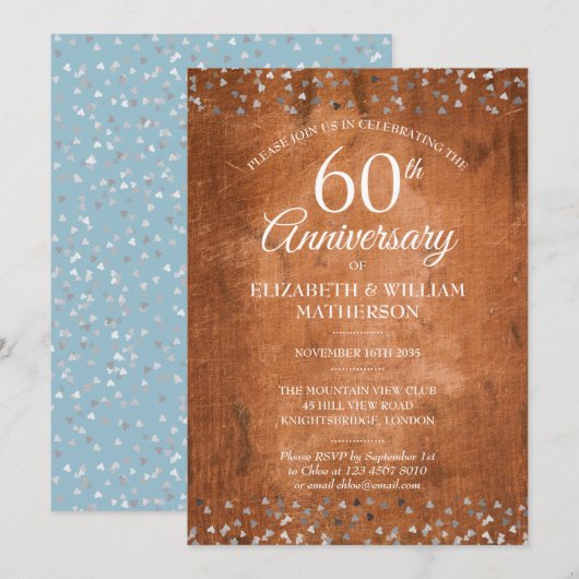 Invitation Confettis Noces de Diamant Bois Rustique (Devant / Derrière)