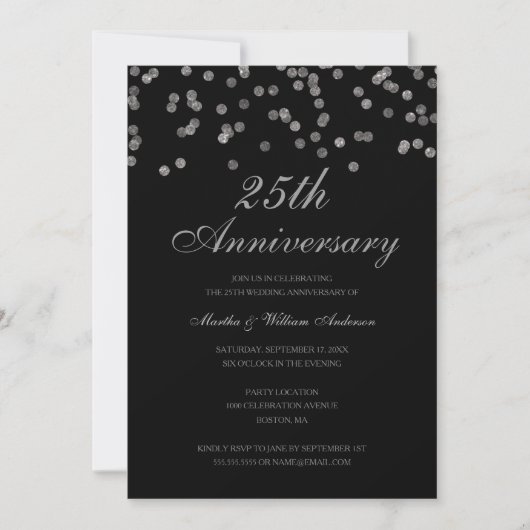 Invitation Confettis Noir & Argent 25e Anniversaire de Mariag (Devant)