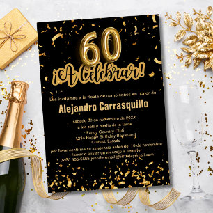 Invitation Confettis Noir et Or Fancy Espagnol 60ème Annivers