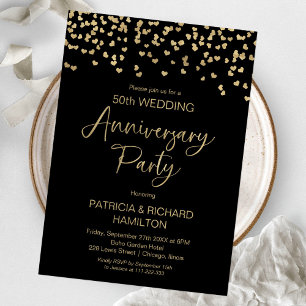 Invitation Confettis or noir noces anniversaire de mariage